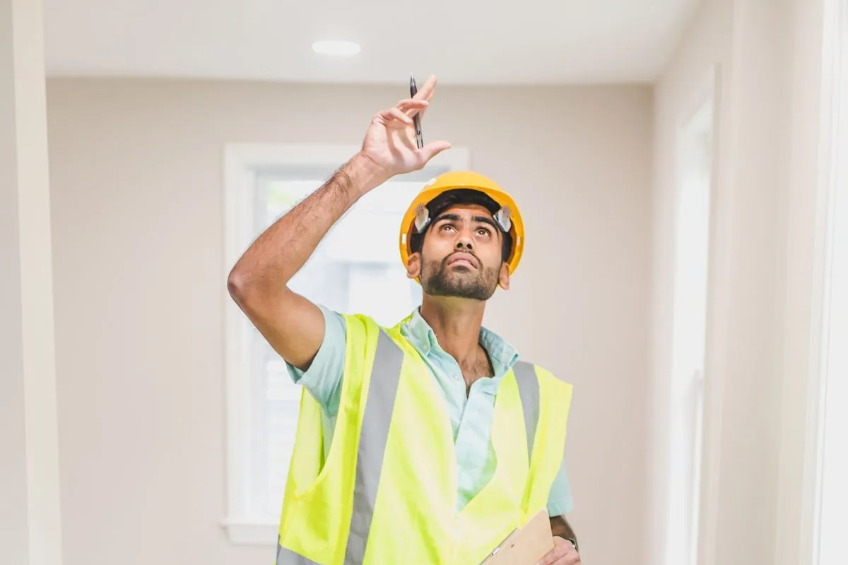 An inspector in a hard hat and safety vest checking a hallway ceiling with a pen in hand